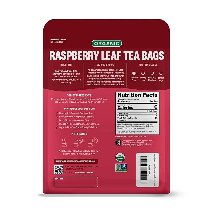 FGO Organic Red Raspberry Loose Leaf Herbal Tea, Cut and Sifted, Caffeine Free, 16oz Bulk Resealable Pouch, Packaging May Vary (Pack of 1)