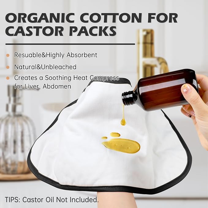 2 Pack Castor Oil Pack Wrap, Organic Cotton for Liver Detox, Reusable Compress Highly Absorbent Anti Oil Leak, Multiflora Rose (Oil Not Included)