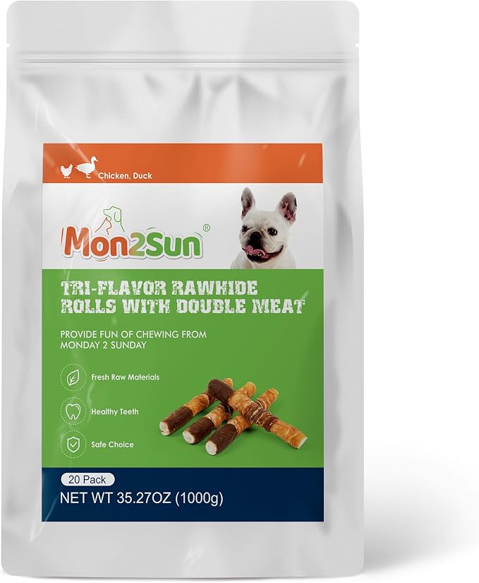 MON2SUN Dog Treats, 6 Inch Triple Flavor Wrapped Rawhide Rolls, 35.27 oz | 20 Count, Chicken Liver, Duck and Chicken Recipe, Teeth Cleaning Chews, Sized for Medium Dogs