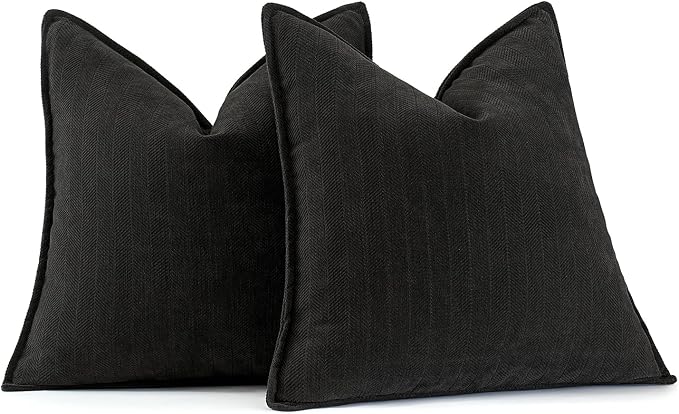 MIULEE Pack of 2 Black Euro Shams Chenille Pillow Covers 22x22 Inch | Decorative Soft Couch Throw Pillows,Farmhouse Cushion Covers,Elegant Design for Sofa,Bed,Living Room,Summer Decor