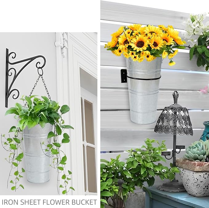 Notakia 10.62 Inch Galvanized Metal Vases Farmhouse French Flower Bucket Vases for Cut Flowers for Home Decor and Wedding Table Centerpiece Decorations (Medium Silver 8Pcs)