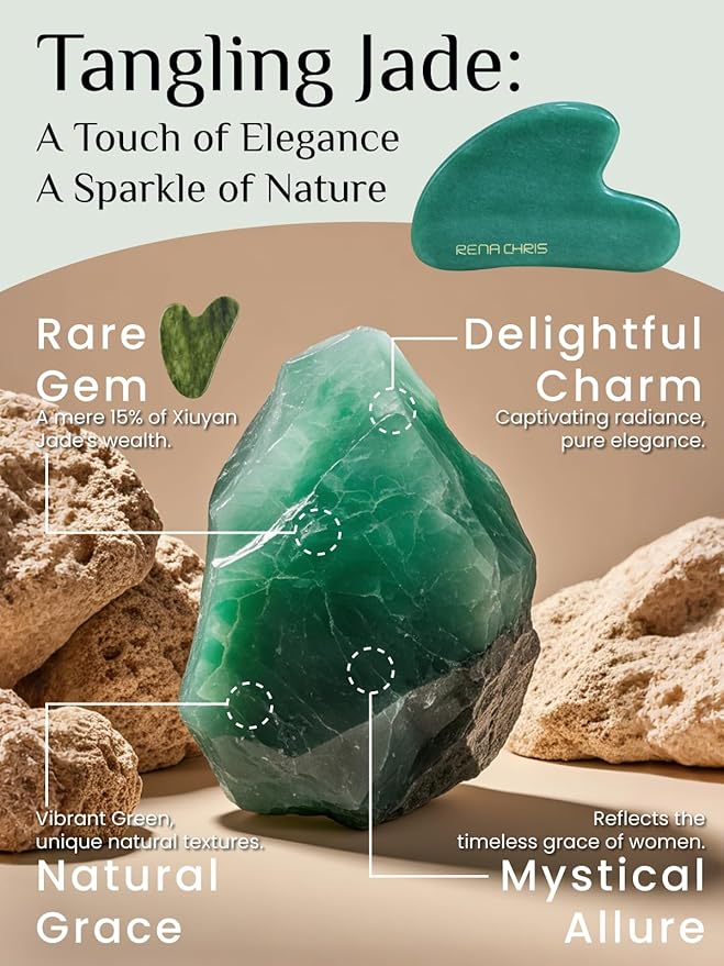 Rena Chris Gua Sha Facial Tools: Jade Stone Guasha Tool for Face Acupuncture Therapy, Facial Massager for Jawline Sculpting and Puffiness Reducing (Green)