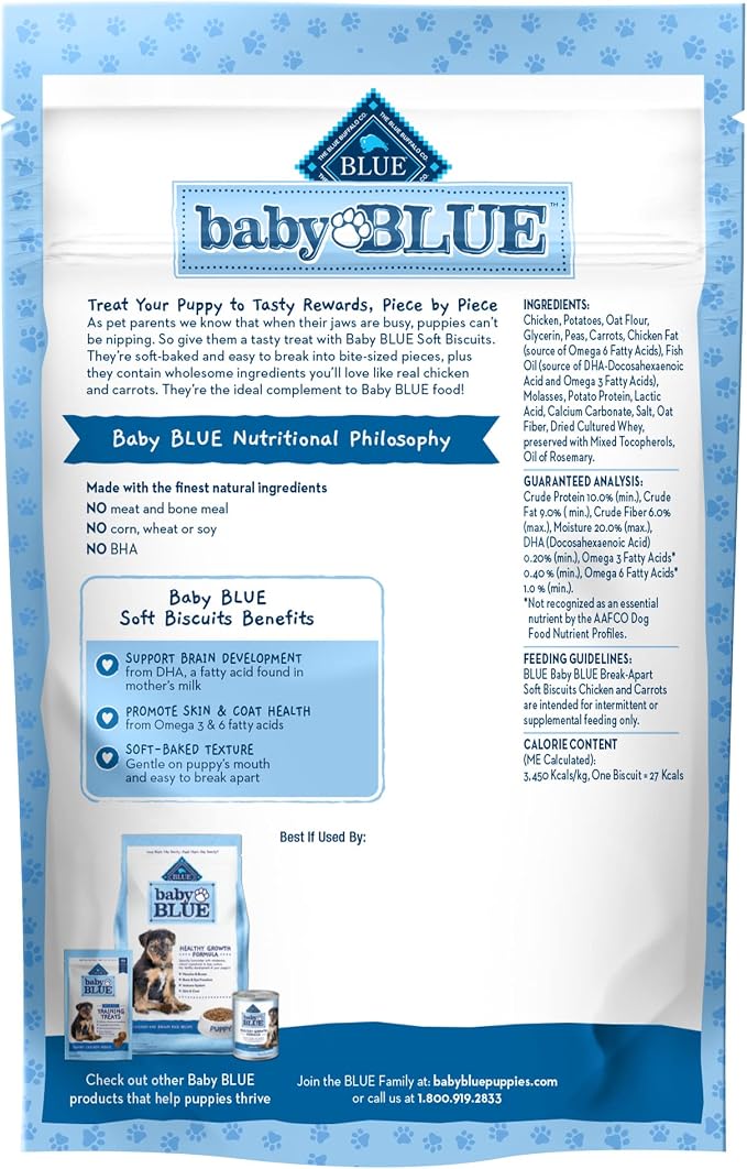 Blue Buffalo Baby Blue Soft Biscuits with DHA, Natural Dog Treats for Puppies, Great for Training, with Chicken & Carrots, 8-oz Bag (Pack of 2)