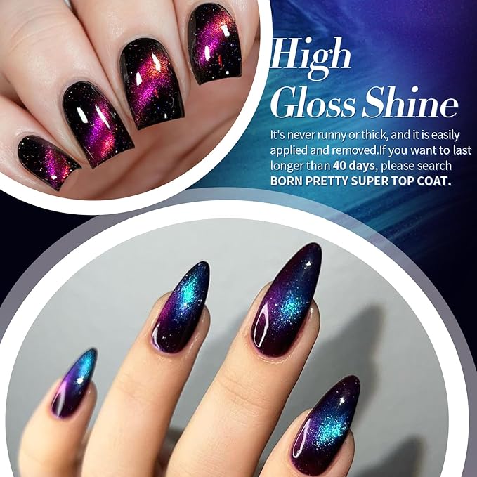 Born Pretty Cat Magnetic Eye Nail Polish Set,5 Colors Quick Dry Holographic Chameleon Cat Magnetic Eye Nail Lacquer Galaxy Effect with Black Nail Polish Magnet Stick,Manicure Home Gift for Women