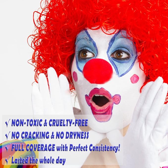 CCbeauty Clown Makeup Kit, Pro Large White(1.9Oz) Blue Red Face Body Paint Cream+Setting Powder+Red Nose+3 Brushes+5 Sponges, All-in-one for Joker Halloween Special Effects SFX Cosplay Costume Parties