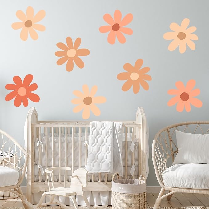 TaoBary 12 Sheet Daisy Wall Sticker Decal,Orange,Colorful Classic Style | Big Flower Wall Sticker, Pink White Floral Decal, Daisy Bedroom Room Decor, Removable Peel and Stick, Nursery Home Wall Decor