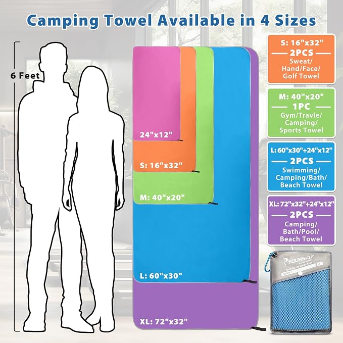 SYOURSELF 2 Pack Microfiber Camping Towel, Quick Dry Towel, Soft Absorbent Compact Travel Gym Workout Sweat Towel for Beach Yoga Swim Travel Camping Hiking Backpack Essentials (XL:72"x32"+12"x24")