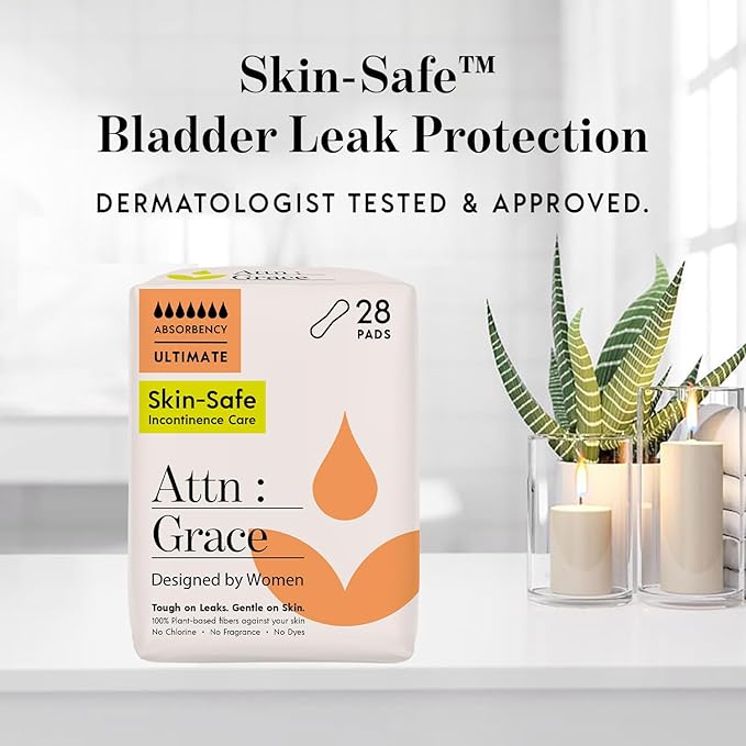 Attn: Grace Ultimate Incontinence Pads for Women, 4-Pack (112 Pads Total / 28 per Pack) - Plant-Based, High Absorbency, Breathable - Overnight Pads for Heavy Bladder Leaks & Sensitive Skin