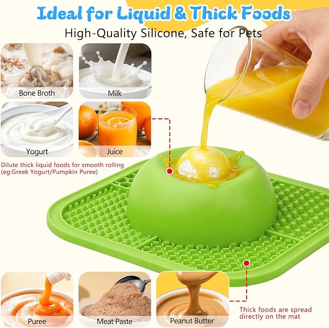 Slow Feeder Dog Bowls & Lick Mat for Liquid and Thick Treat, Anti-Slip Dog Lick Bowl with Interactive Rolling Ball, 5/6 Cup Pup Licking Toy for Large Medium Small Dogs and Cats Green