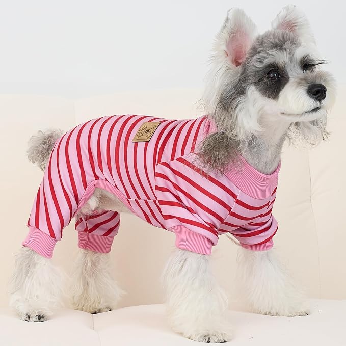 XPUDAC 4 Pack Dog Pajamas Striped Dog Clothes for Small Medium Dogs Girl Boy Comfy Puppy Outfit Doggy Jammies Onesie Pet Costume, Purple, Pink, Orange, XXS
