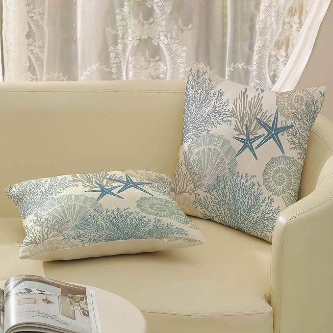 Nautical Coastal Pillow Covers 18x18 Set of 2 Blue Beach Themed Ocean Seashell Coral Starfish Throw Pillows Summer Outdoor Decorative Pillow Cases Linen Cushion Case for Home Bedroom Decor