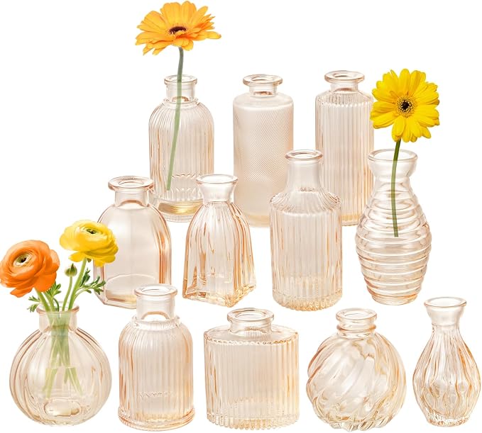 Champagne Bud Vases Set of 12 Amber Glass Vase for Decor Centerpieces, Small Ribbed Vases for Flowers Stripe Modern Bud Vases in Bulk Vintage Vases for Floral Wedding Party Table Decoration Home Decor