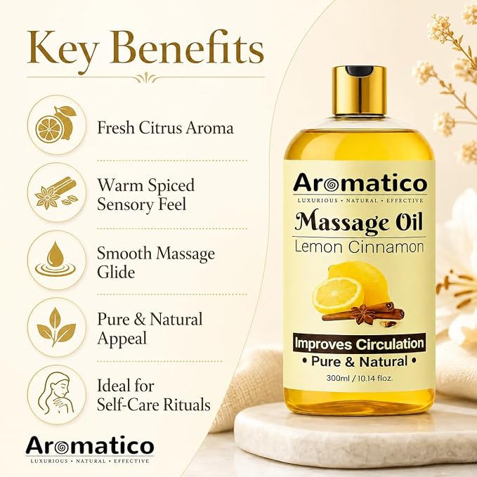 Aromatico Lemon & Cinnamon Massage Oil for Men & Women – 10 fl oz | Lightweight Non-Greasy Body Oil for Massage & Daily Body Care, Fast-Absorbing Moisturizing Oil with Citrus Aroma.