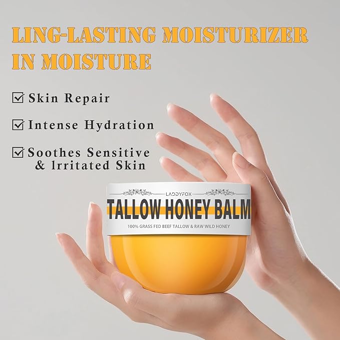 Whipped Tallow Balm with Grass-Fed Beef Tallow, Raw Honey for Face, Body, Hands, Organic Unscented Moisturizing Healing Skin Cream
