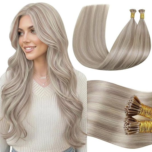 LaaVoo Itips Hair Extensions Human Hair Ash Blonde Highlighted Bleach Blonde I Tip Hair Extensions Stick Tip 24in 50g 50s