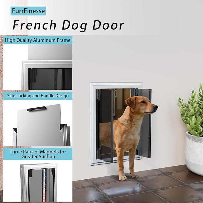 Dog Door for Wall, Energy Efficient French Doggy Door with Aluminum Frame, Telescoping Tunnel and Magnetic Flaps, Easy Install for Walls 4"- 7 7/8" Thick, XLarge