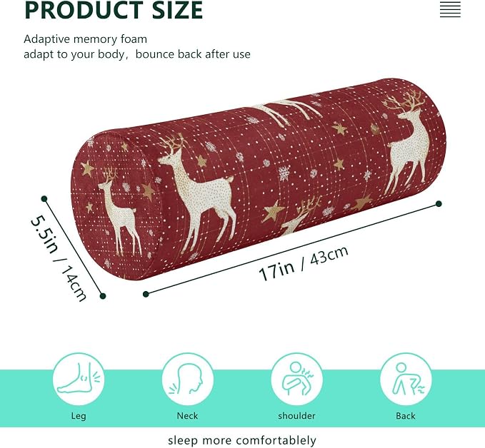 Christmas Red Reindeer Star Dots Neck Roll Pillow Bolster Round Health Memory Foam Long Cervical Cylinder Pillows with Removable Washable Cover for Body Bed Legs Back Yoga