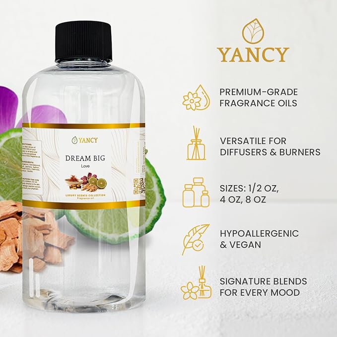 YANCY Dream Big Luxury Collection Fragrance Oil (8 oz), Sweet Fruity Scent, Inspiring Aroma for Diffusers, Oil Burners & Aroma Lamps, Boosts Motivation and Enhances Workspace Energy