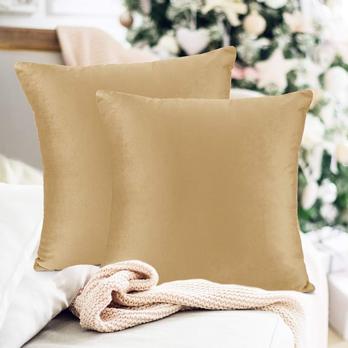 Throw Pillow Inserts Pack of 2 with Velvet Soft Solid Decorative Square Throw Pillow Covers Set for Sofa Couch Car Bedroom, 20X20 Throw Pillows Inserts with 18x18 Washable Cushion Covers, Camel Gold