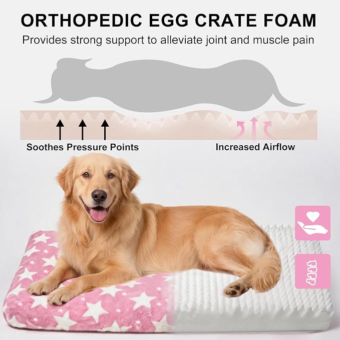 Orthopedic Dog Bed for Large Dogs, Washable Dog Mat with Removable Zippered Cover, Non-Slip Bottom, Comfort Crate Bed (Big&Little Stars Pink, L(35"*23"*3.1"))