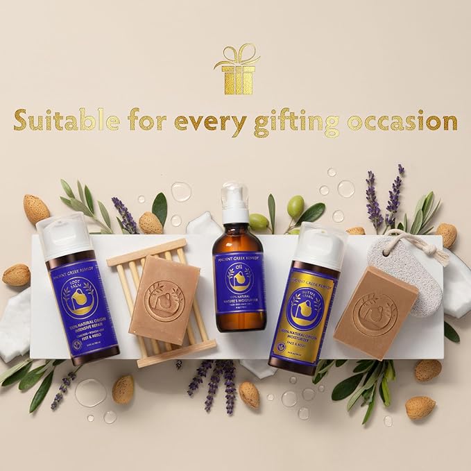 Ancient Greek Remedy Organic Spa Gift Set - Body Oil, Face Moisturizer, Foot Balm & 2 Soap Bars - Lavender Scented Skin Care Gift Basket for Women - Perfect for Christmas, Birthdays & Self Care