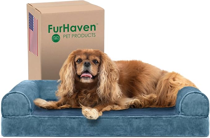 Furhaven Cooling Gel Dog Bed for Medium/Small Dogs w/ Removable Bolsters & Washable Cover, For Dogs Up to 35 lbs - Faux Fur & Velvet Sofa - Harbor Blue, Medium