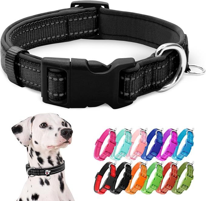 azuza Reflective Dog Collar, Neoprene Padded Large Dog Collar, Black, L