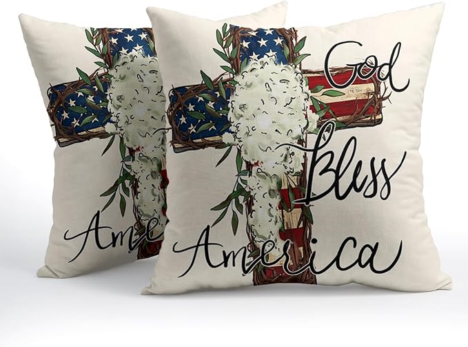 God Bless America Stars Stripes Pillow Covers 20X20 Inch Set of 2 4th of July Patriotic Floral Decorative Pillow Cases Independence Memorial Day Cushion Case Holiday Home Decor for Sofa Couch Bed