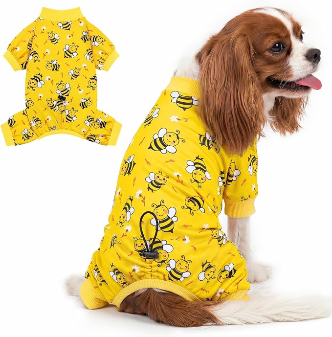 XPUDAC Dog Pajamas for Small Medium Dogs, Cute Puppy Clothes with Bee Print, Soft Breathable Dog Pjs Onesie with Adjustable Drawstring for Summer Holiday, L