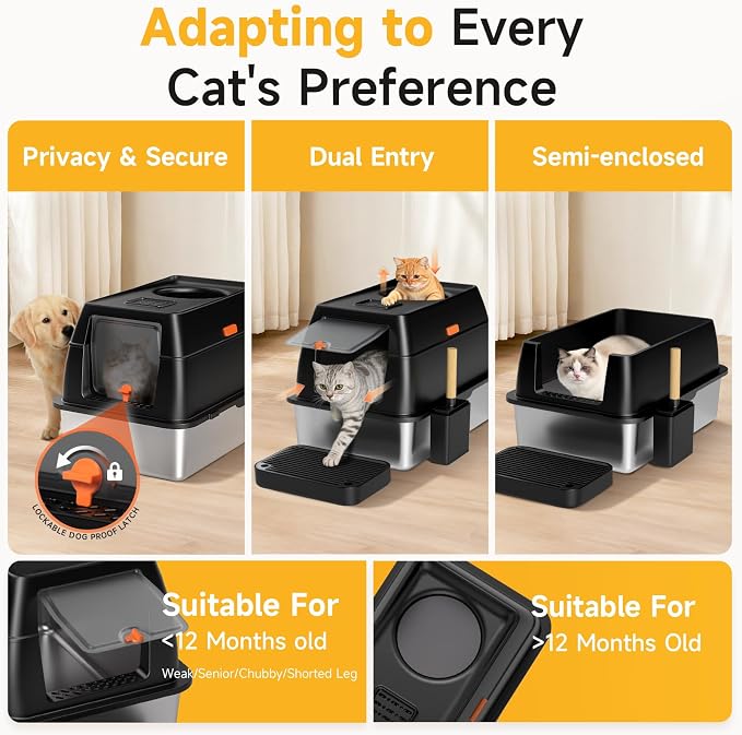 XL Enclosed Stainless Steel Litter Box with Lid, Black | covered, High Sided, Rustproof & Leak Proof, Easy Clean, Odor Control, Includes Scoop & Step & Mat