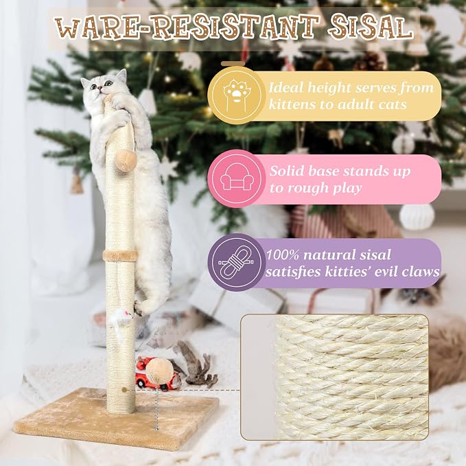 ANWA 32" Tall Sisal Cat Scratching Posts Tree for Indoor Cats Adults, Beige | Sisal Cat Scratcher, Small Space, Cat Post with Dangling Plush Toys for Indoor Cats, 15.7" Stable Base, Cat Furniture