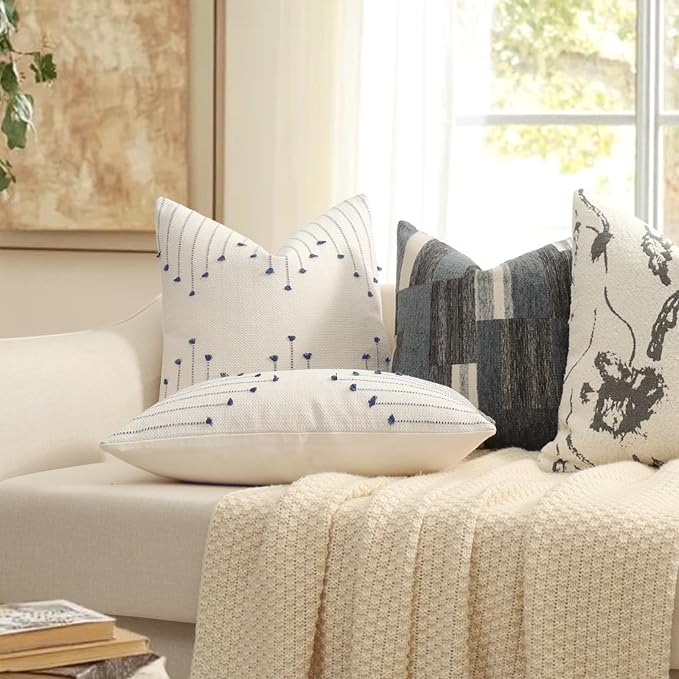 Boho Outdoor Throw Pillow Covers 24x24 Set of 2 Neutral Woven Decorative Pillowcases Cotton Tufted Couch Pillows Modern Farmhouse Cushion Covers for Sofa Couch Bed Living Room Home Decor, Navy Blue