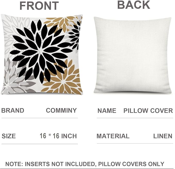 Brown Black Throw Pillow Covers 16x16 Set of 6, Neutral Floral Home Decor | decorative Floral cushion cover, Breathable Linen, Accent pillow, chair, small Sofa, Autumn summer Decor, Earth Tone