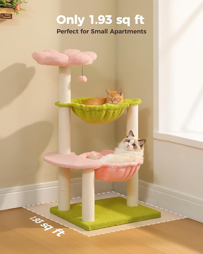 37.4" Flower Cat Tree with 2 Hammocks & 6 Sisal Posts, Pink | Flower top perch, 2 spacious hammocks, 6 sisal posts, Cute small tower, For indoor kittens, Sturdy build