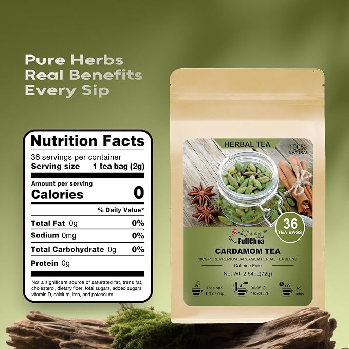 FullChea - Cardamom Cinnamon Tea Bags - 36 Count, Spice Blend Herbal Tea | Warm blend of cardamom & cinnamon spices tea, rich cozy aroma, mild digestion support, comforting all-day wellness sipping