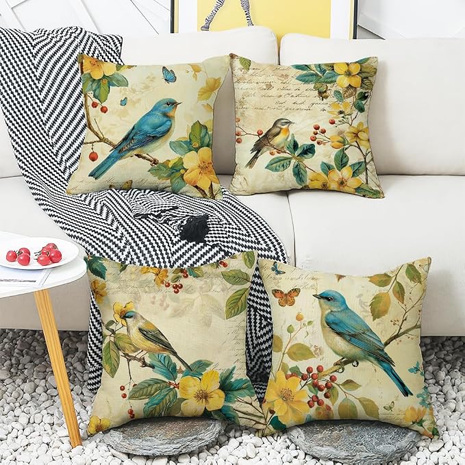 wyooxoo Spring Pillow Covers 18x18 Set of 4 Summer Farmhouse Throw Pillow Covers Floral Bird Decorative Cushion Cases for Sofa Couch Outdoor Bedroom