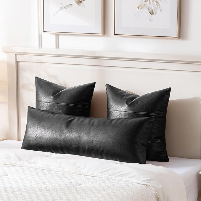 Fancy Homi Black Boho Long Lumbar Faux Leather Body Decorative Throw Pillow Cover 14x40 Inch for Bedroom Couch Bed Sofa Bench, Thick Stylish Solid Pillowcase, Rustic Modern Farmhouse Room Decor