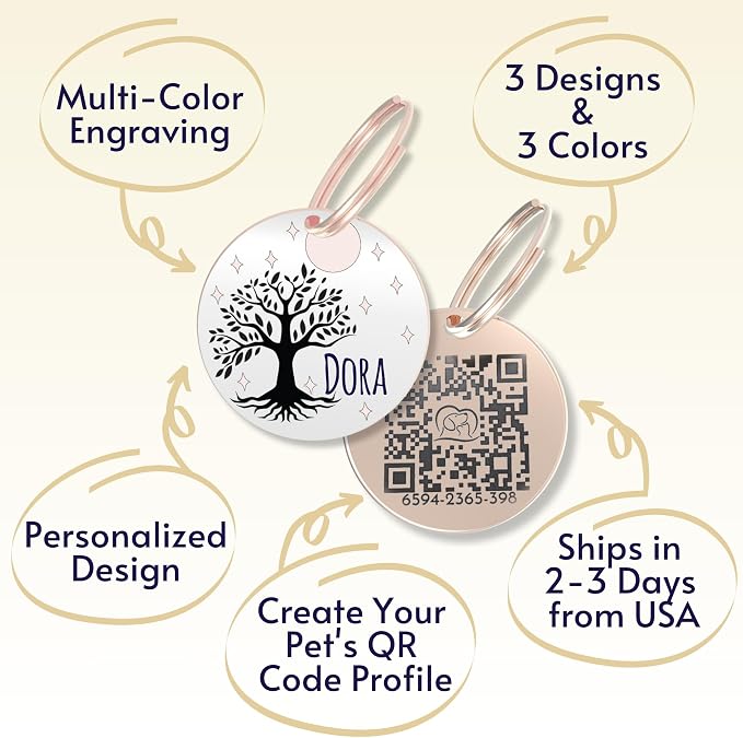 PawFurEver QR Code Dog Tag - Custom Dog Tags/Pet ID Tags for Dogs, Engraved Dog Tag & Pet Tag, Stainless Steel Dog Tags Personalized for Pets (Tree, Rose)