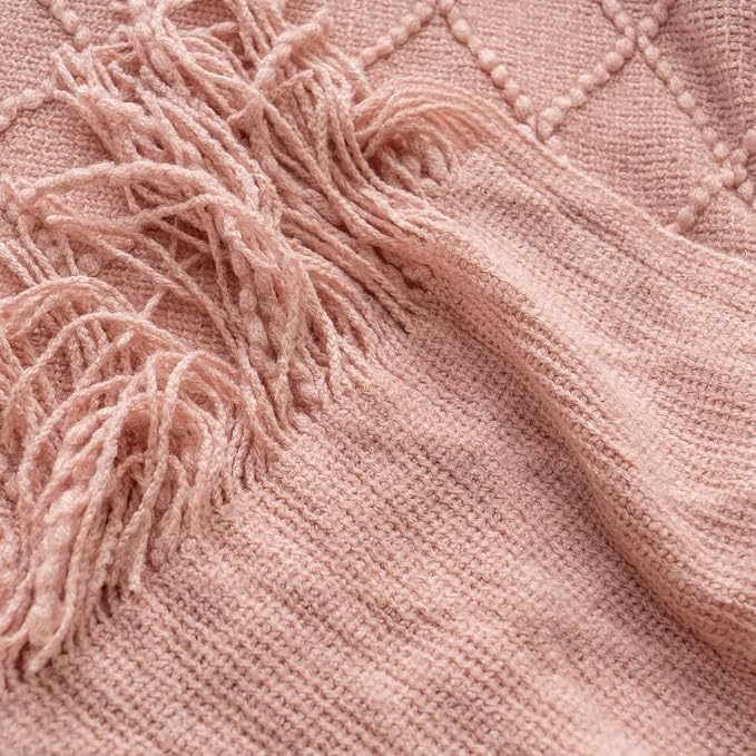 BATTILO HOME Blush Throw Blanket with Tassels, Pink Knit Blanket for Home Decor, Boho Style Textured Knitted Decorative Blanket for Couch, Sofa &Bed, 50"x60"