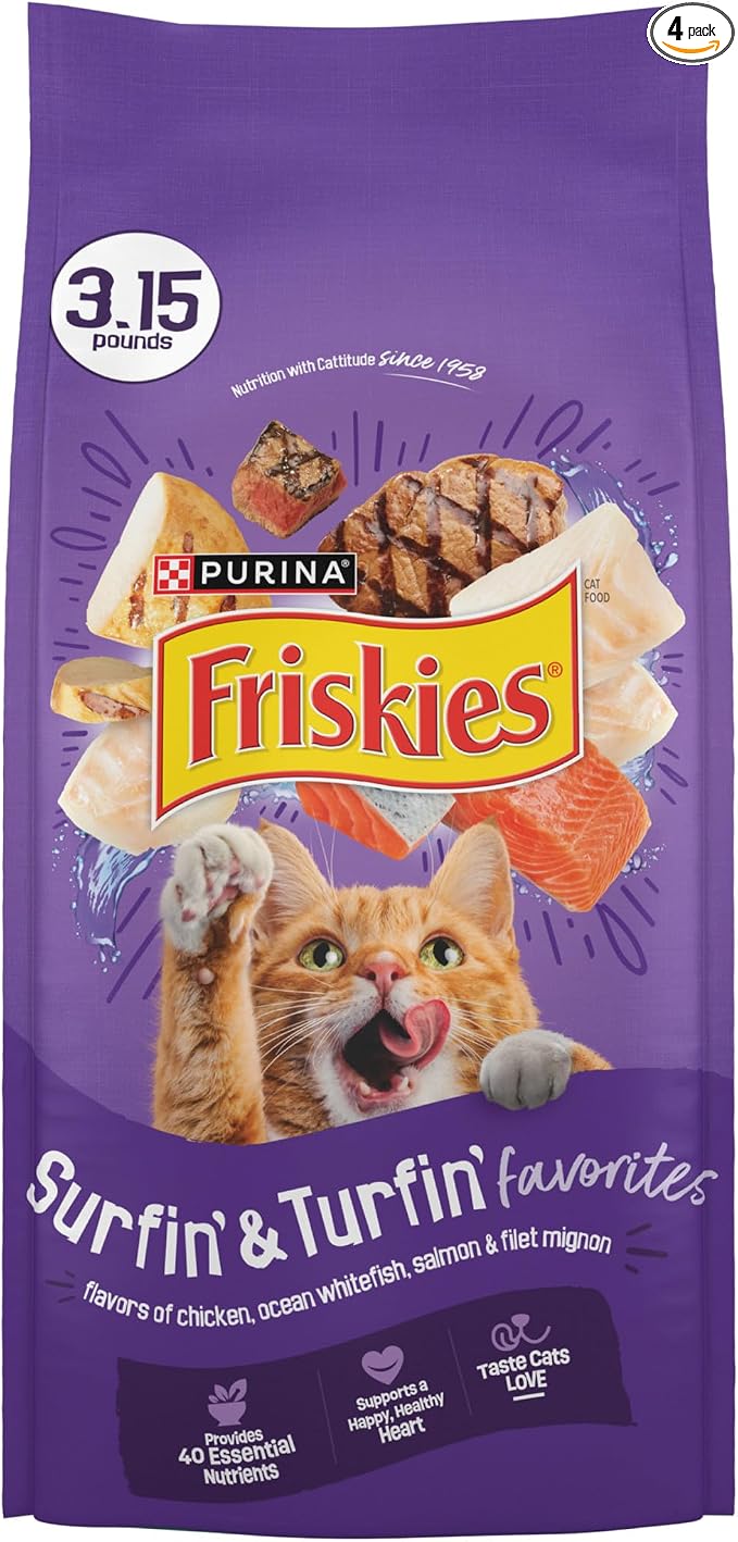 Purina Friskies Cat Food Surfin and Turfin Favorites Flavors of Chicken, Whitefish, Salmon and Filet Mignon - (Pack of 4) 3.15 lb. Bags