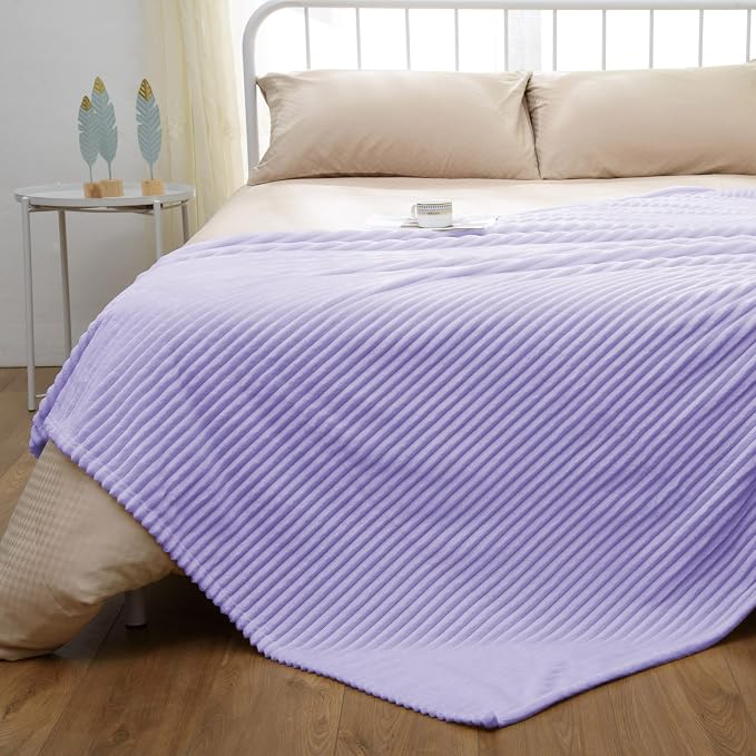 Vessia Flannel Fleece Throw Blanket for Couch,Sofa,Bed, 300GSM Striped Light Purple Blanket for Adults, Super Soft Warm Cozy Lightweight Ribbed Lilac Throw for All-Season(Lavender,50x70inch)