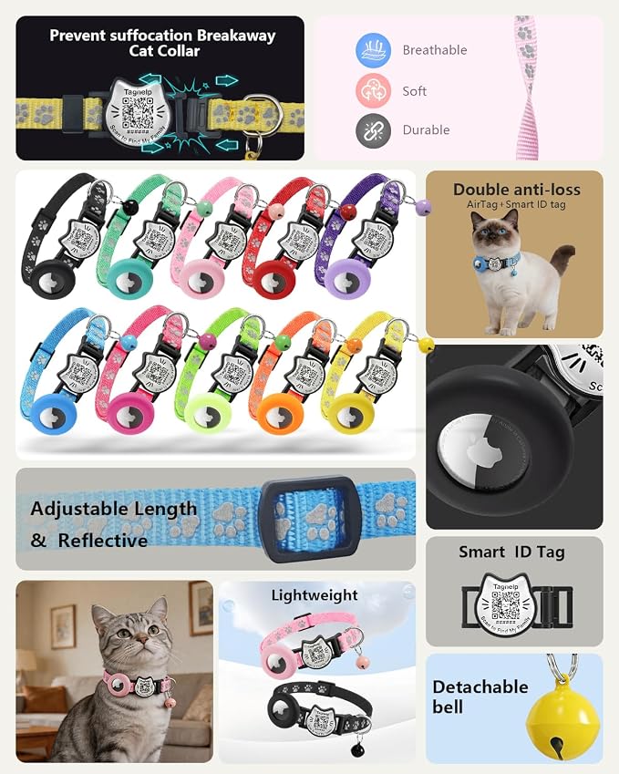 Cat Collar with AirTag Holder, QR Code Tag and Bell (Rose red, Paw Pattern)