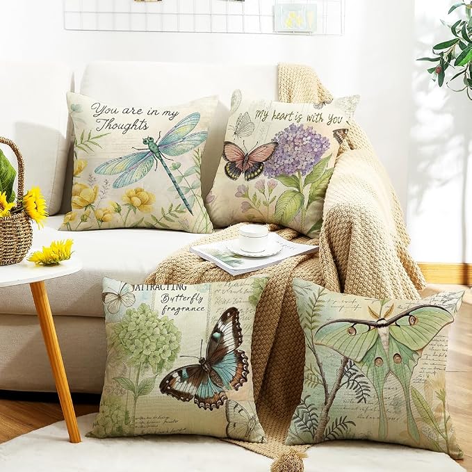 wyooxoo Throw Pillow Covers 20x20 Set of 4 Spring Summer Pillow Covers Linen Flower Butterfly Farmhouse Pillowcases for Sofa Couch Living Room Outdoor
