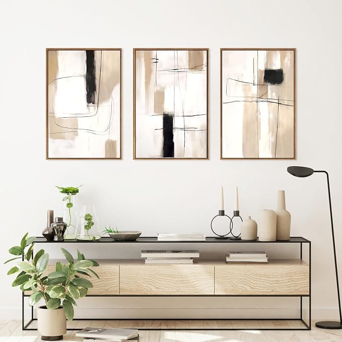 FWIEXA Modern Abstract Canvas Wall Art Set of 3, Framed Neutral Wall Decor, Large Black White Wall Painting, Beige Cream 16x24 Inch Prints Artworks for Living Room, Bedroom, Dining Room, Office