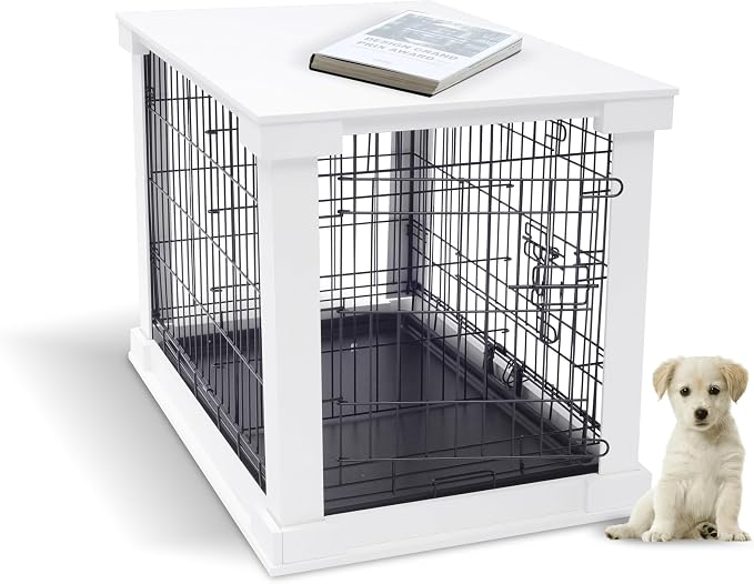Zoovilla Small Slide Aside Dog Crate and End Table Furniture Indoor Use, Dog Kennel with Sturdy Wooden Material with Sliding Door, Decorative Wooden Pet Crate and End Table, for Small Dogs, White