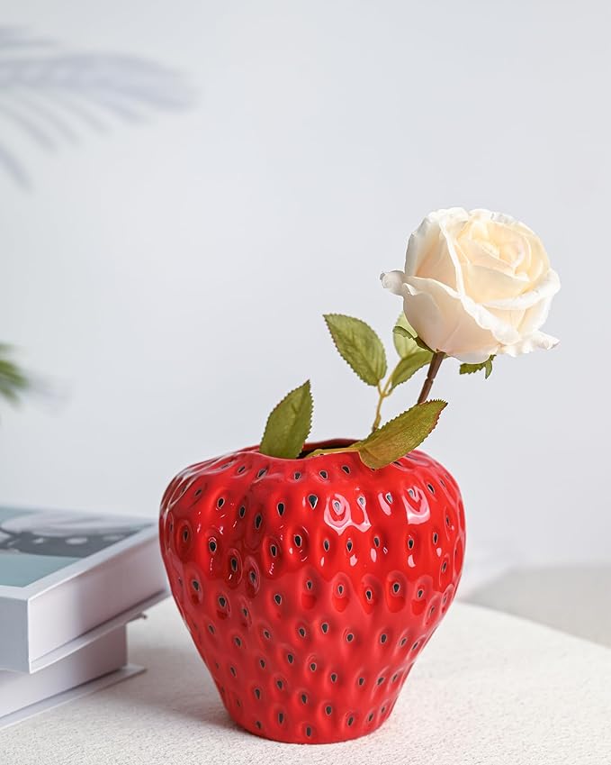 DN DECONATION Red Strawberry Vase, Ceramic Flower Vase for Table Home Decor | Strawberry Flower Vases for Colorful Home Decor, Decorative Cute Vase for Office, Mantel, Shelf, Strawberry Party Decorations