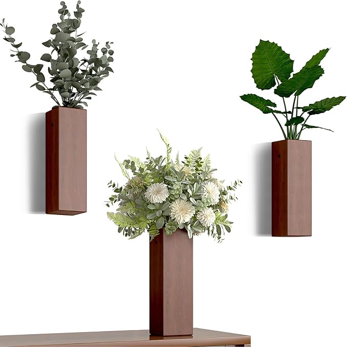 Wall Mount Wood Vase for Living Room,Modern Wood Planter Art Decor for Fake Plants Greenery Flowers,Farmhouse Bedroom Kitchen Dinning Bathroom Home Office Decoration (Brown)