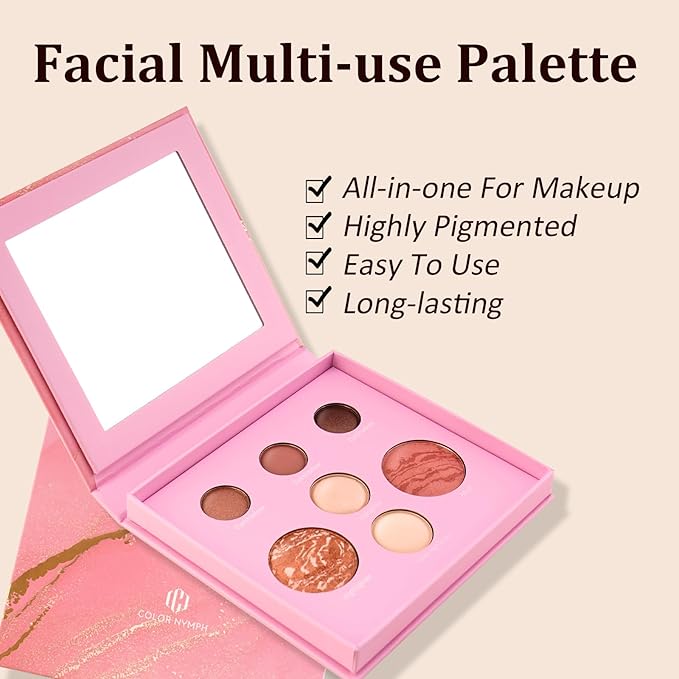 Color Nymph Face Makeup Palette, All-in-one Baked Palettes Travel-Friendly Includes Blush, 3 Highlighters and 3 Eyeshadows - Highly Pigmented, Silky Smooth, Easy to Blend - A