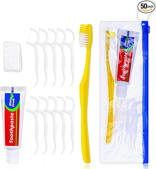 Xuezoioy 50 pcs Disposable Toothbrushes with Toothpaste and Floss Set,Yellow Individually Wrapped Bulk Single Use Toothbrush Floss Cover Travel Toothbrushes Kit with Zip Bag for Homeless,Hotel,Guest