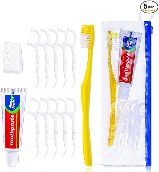 Xuezoioy 5 pcs Disposable Toothbrushes with Toothpaste and Floss Set,Yellow Individually Wrapped Bulk Single Use Toothbrush Floss Cover Travel Toothbrushes Kit with Zip Bag for Homeless,Hotel,Guest
